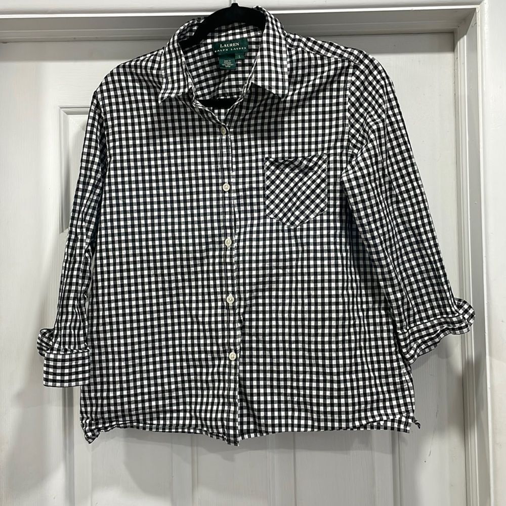 Lauren Ralph Lauren black white button down blouse collared size L